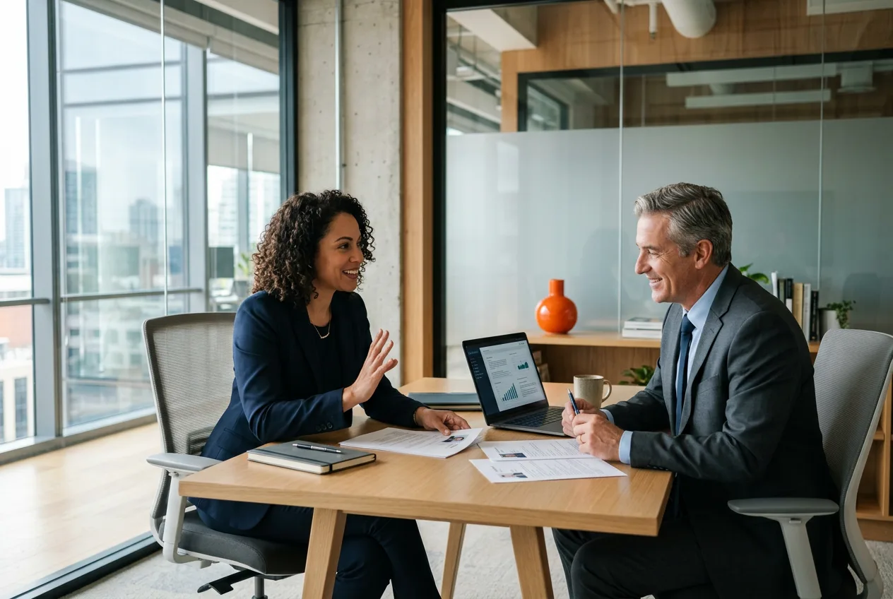 Recruiter and CFO reviewing FP&A candidate profiles together in a glass-walled conference room
