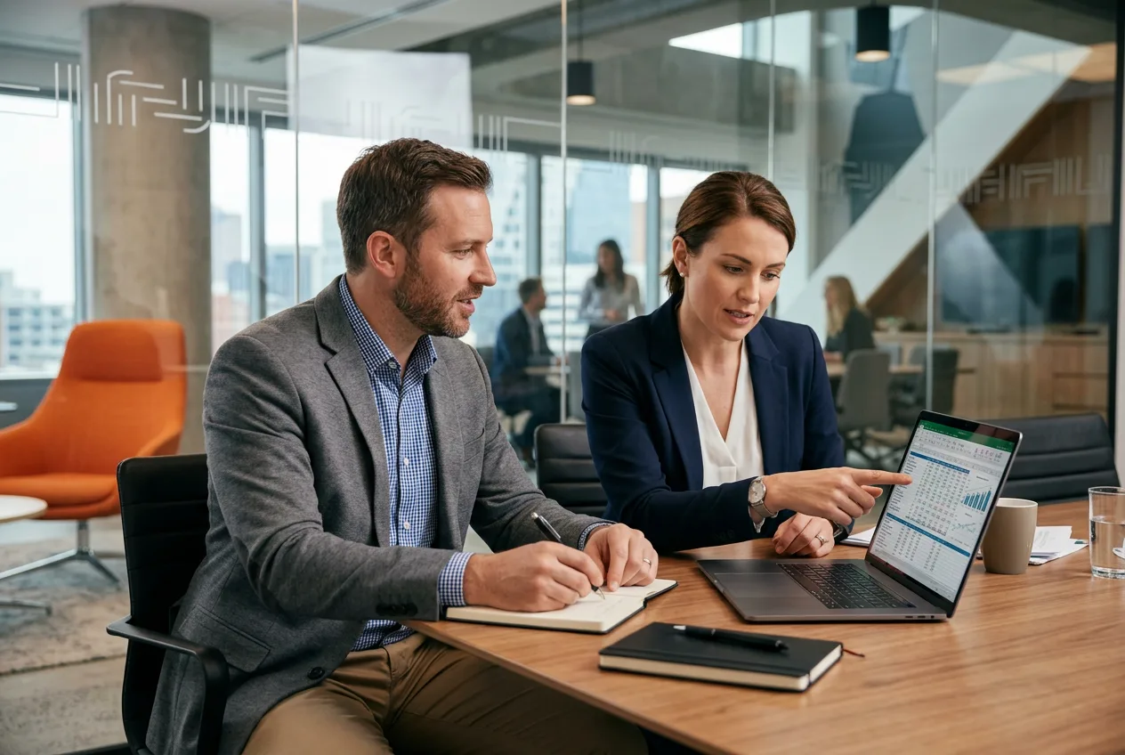 Two FP&A professionals collaborating over financial models on a laptop at a conference table