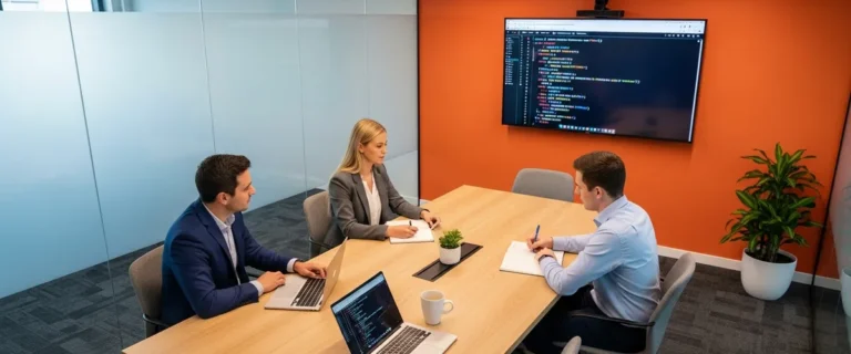 Frontend developer interview questions 2026 - modern tech interview room with JavaScript code challenge on display