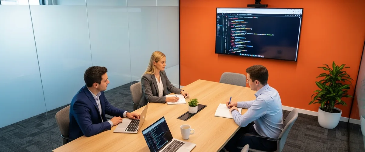 Frontend developer interview questions 2026 - modern tech interview room with JavaScript code challenge on display