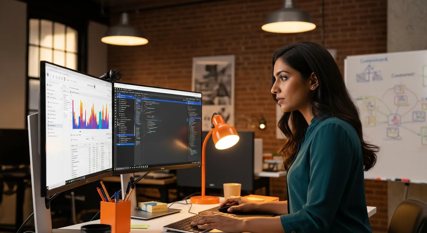 Senior frontend developer analyzing React performance profile and TypeScript code at dual-monitor standing desk