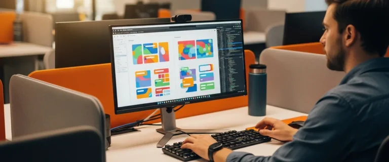 Frontend developer at a modern workstation with UI component layouts and code editor on screen