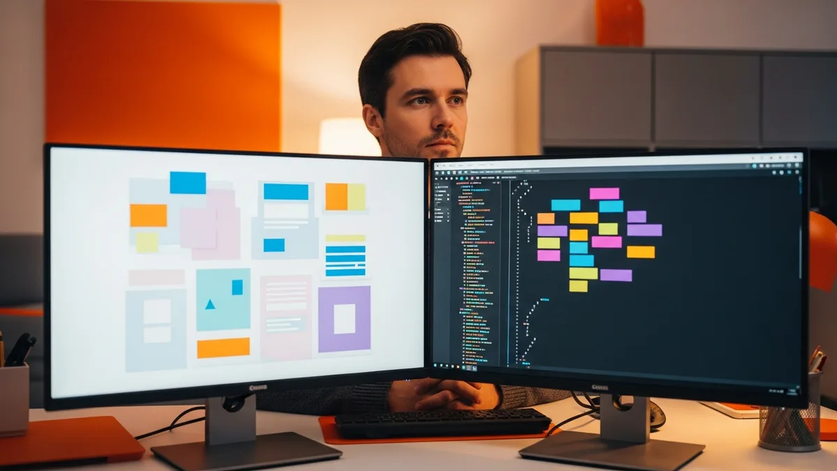 Design engineer comparing UI mockup board and code editor across dual monitors in a modern office