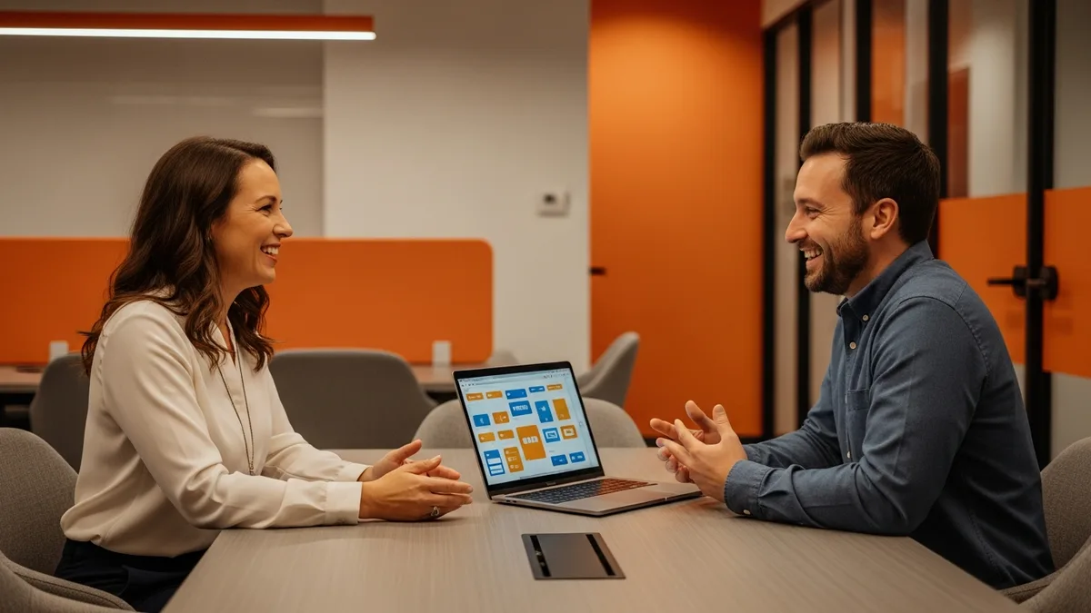 Hiring manager interviewing a frontend developer candidate over a laptop in a modern office