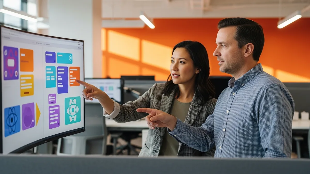 Two senior frontend developers reviewing React component layouts on a large monitor in a modern office