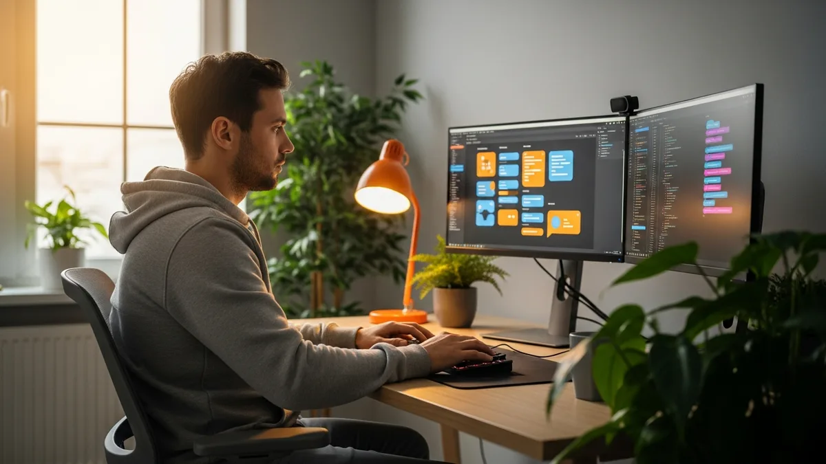 Remote frontend developer at a clean modern home office with dual monitors and a mechanical keyboard