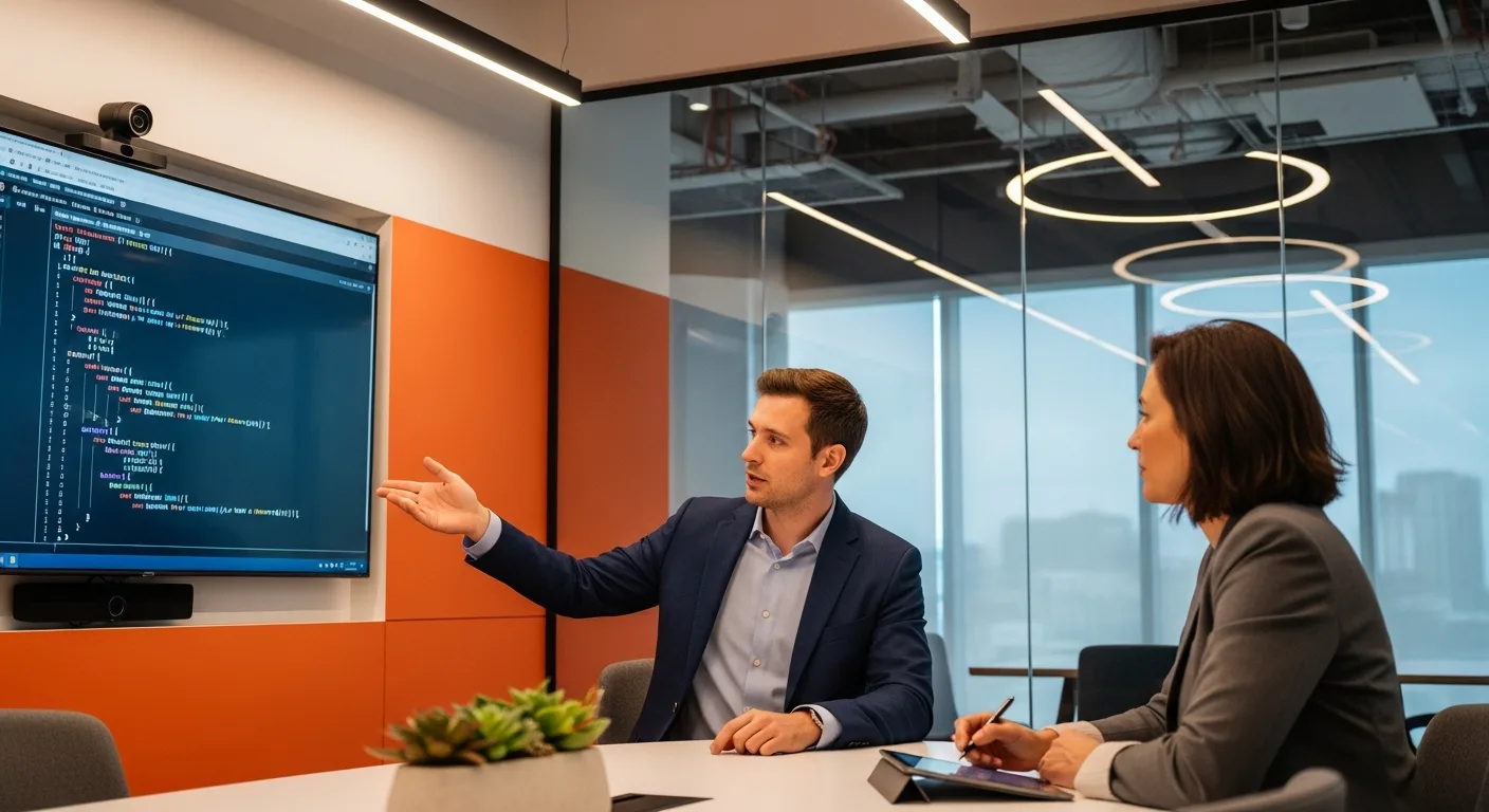 Frontend developer candidate explaining React component rendering during a technical interview at modern office with orange accent wall