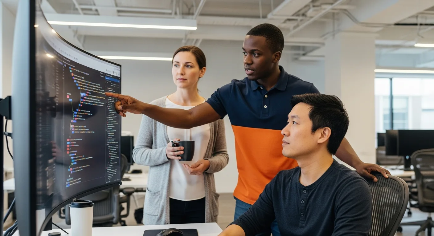 Three frontend engineers collaborating on React component code review in open-plan tech office
