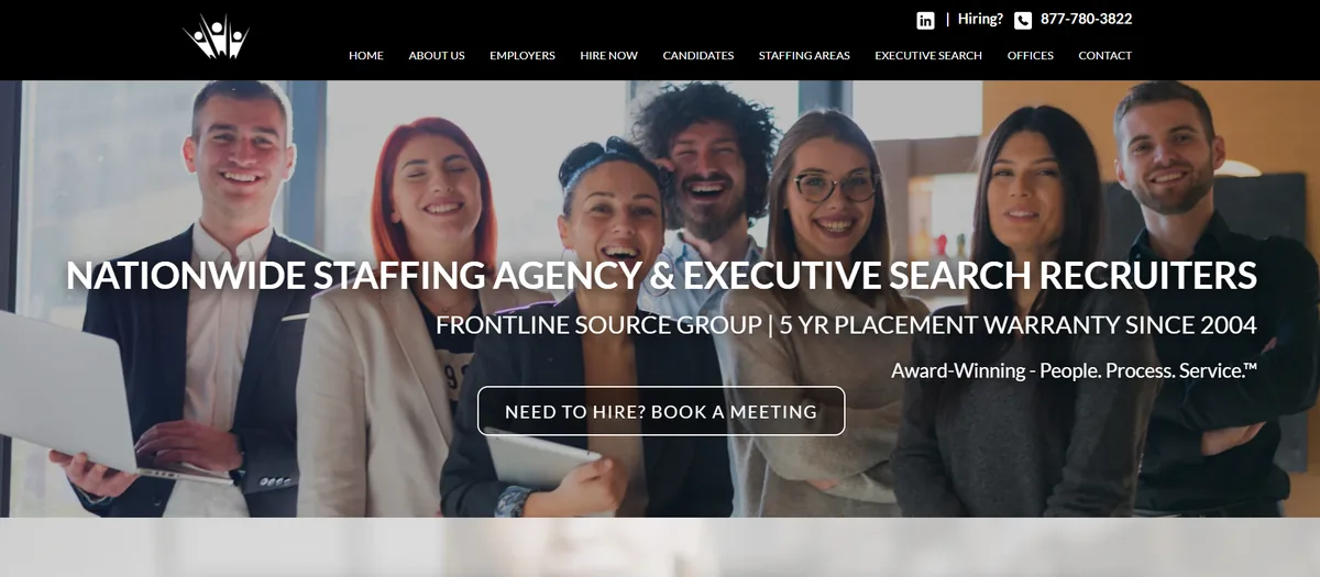 Frontline Source Group Dallas IT recruiting homepage with Nationwide Staffing Agency and Executive Search Recruiters tagline