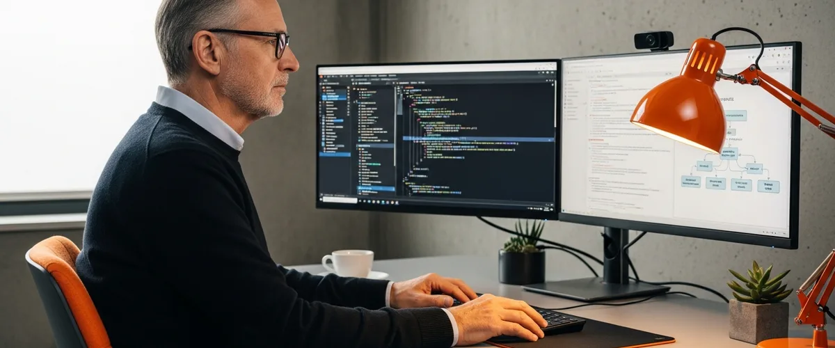 Senior full stack developer at a modern dual-monitor workstation showing TypeScript React component code on one screen and a PostgreSQL query plus service architecture diagram on the other