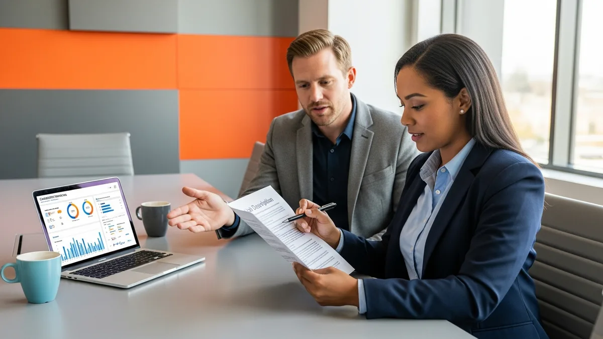 Hiring manager and engineering lead reviewing a printed full stack developer job description at a conference table, with a candidate tracking dashboard open on a nearby laptop