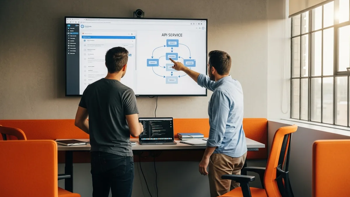 Two engineers collaborating at a standing desk with a wall-mounted display showing a web application user interface alongside an API service architecture diagram, illustrating end-to-end full stack work