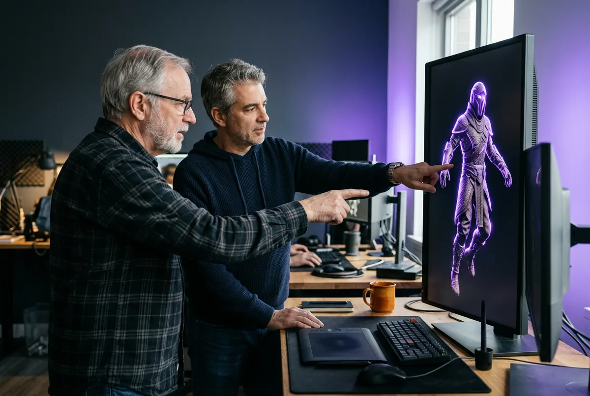 Two senior game engineers reviewing a real-time PBR character render on a large vertical display
