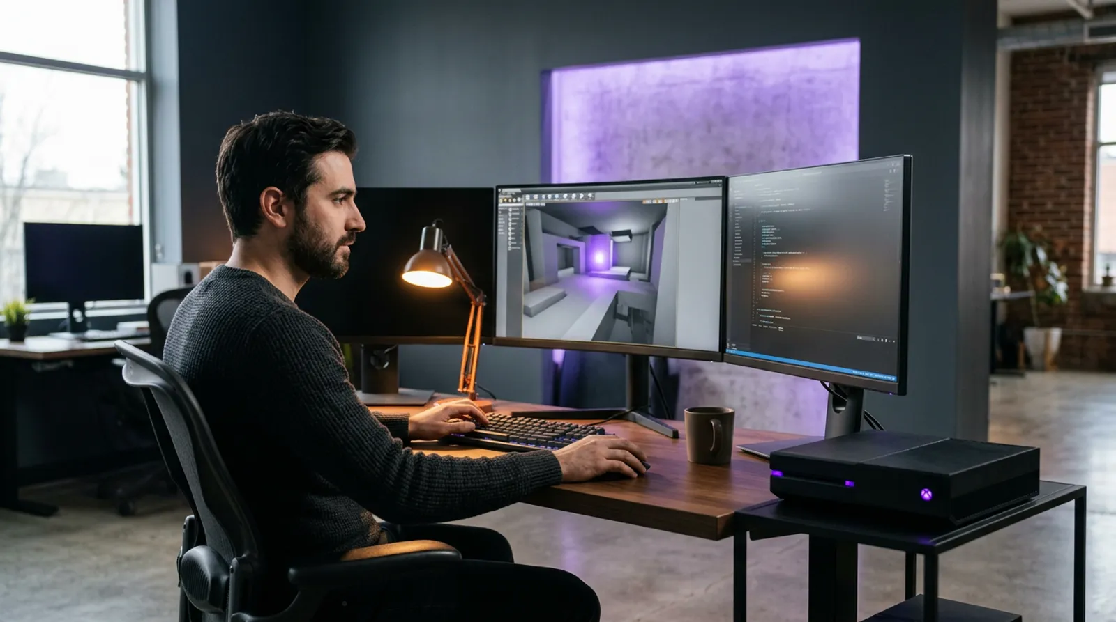 Senior game developer reviewing a real-time 3D scene viewport on a multi-monitor workstation with a console developer kit on a side shelf, KORE1 game developer staffing