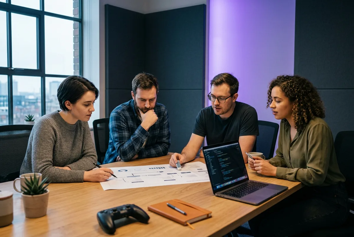 Small game studio team reviewing a roadmap and console controller on a conference table