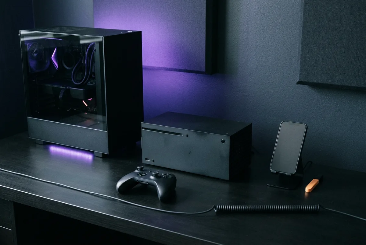 Console developer kit, PC tower, and mobile device arranged on a matte studio surface