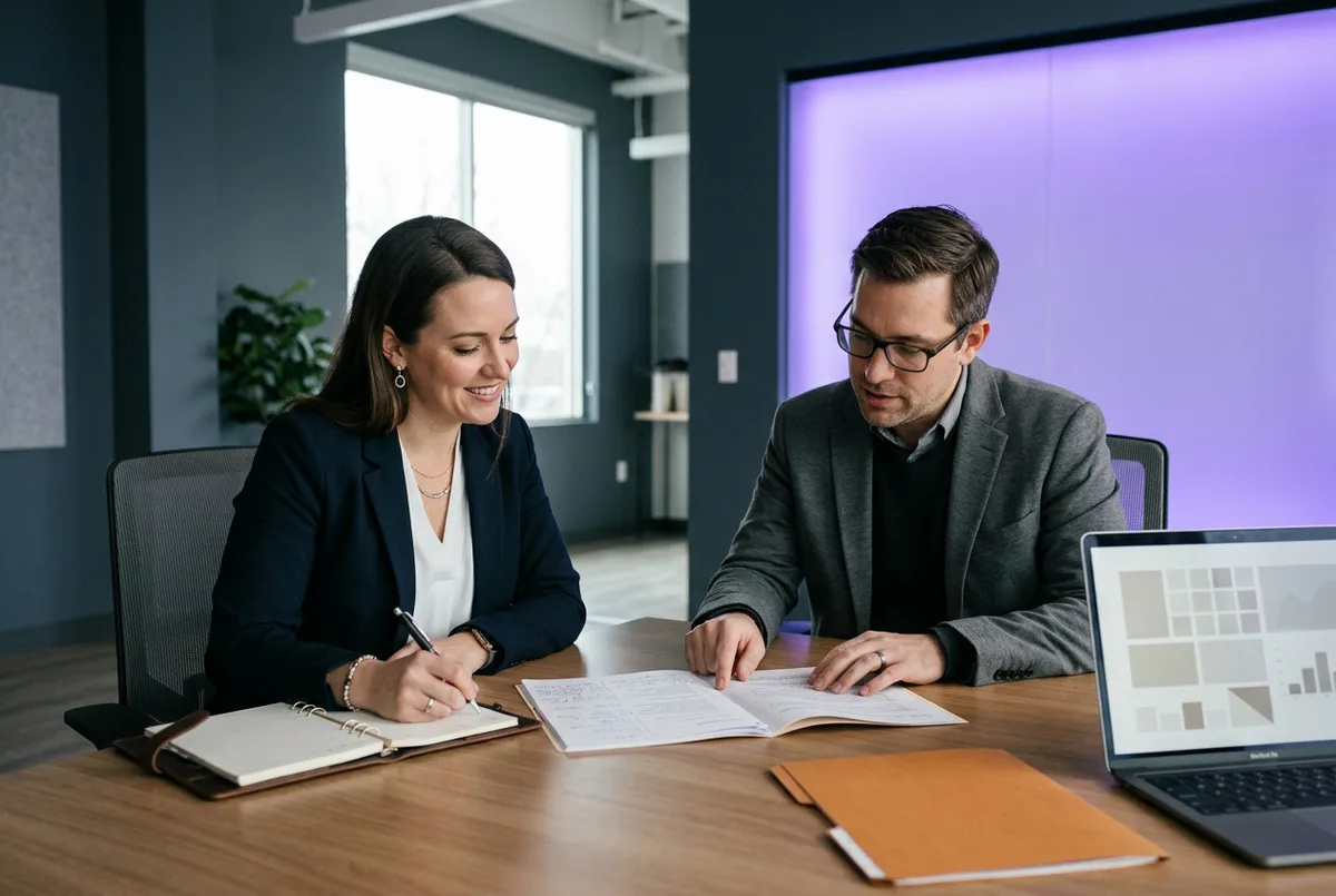 KORE1 senior recruiter reviewing a game engineer candidate dossier with a senior engineering panelist