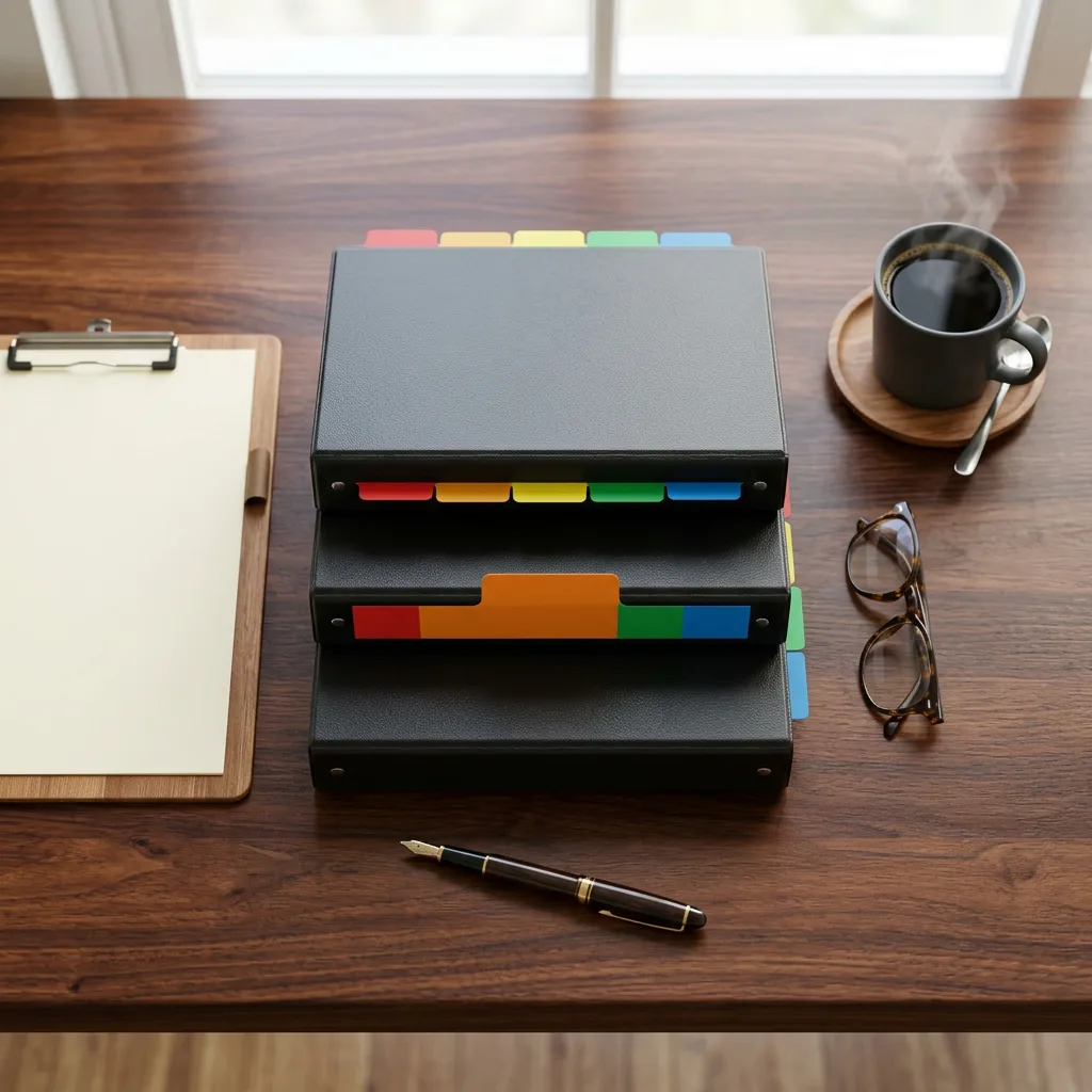 Compliance binders with orange tab on a polished desk