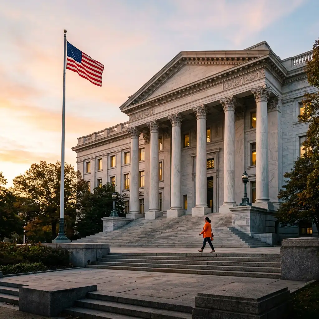 Neoclassical federal government building with American flag at dawn