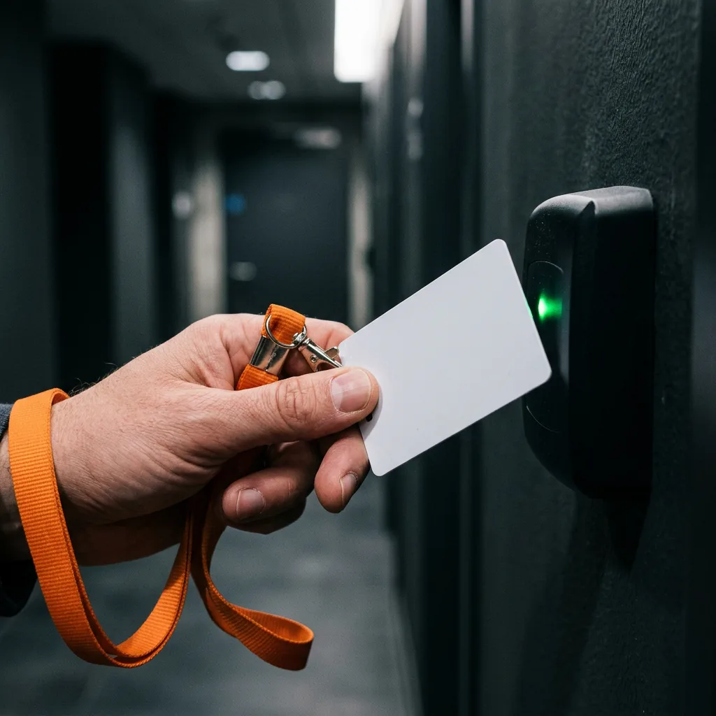 Security clearance badge on orange lanyard scanned at access reader