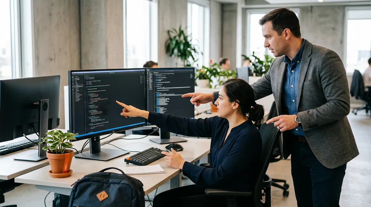 GRC analyst conducting an evidence-collection walkthrough with an engineering control owner at a workstation
