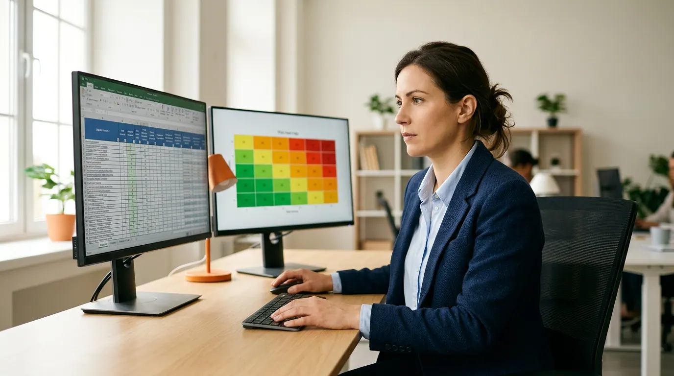 GRC analyst reviewing a SOC 2 control matrix and risk register on dual monitors at a modern office desk