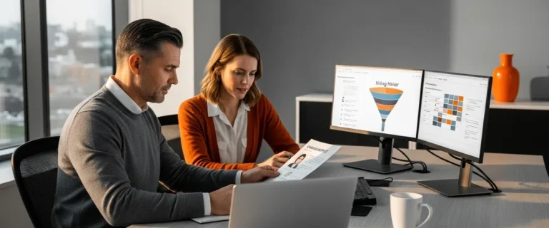 KORE1 healthcare IT recruiter and hiring manager reviewing a 2026 healthcare AI candidate shortlist in a modern staffing office