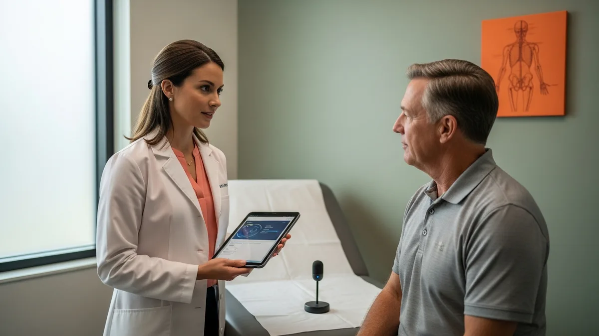 Physician using an ambient AI scribe device during a patient consult in a modern exam room, the dominant healthcare AI use case driving 2026 clinical informatics hiring