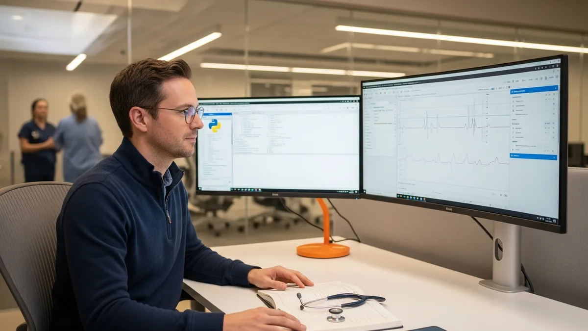 Senior healthcare AI engineer at a clinical informatics workstation reviewing a patient summary dashboard and Python notebook for the 2026 healthcare AI hiring market