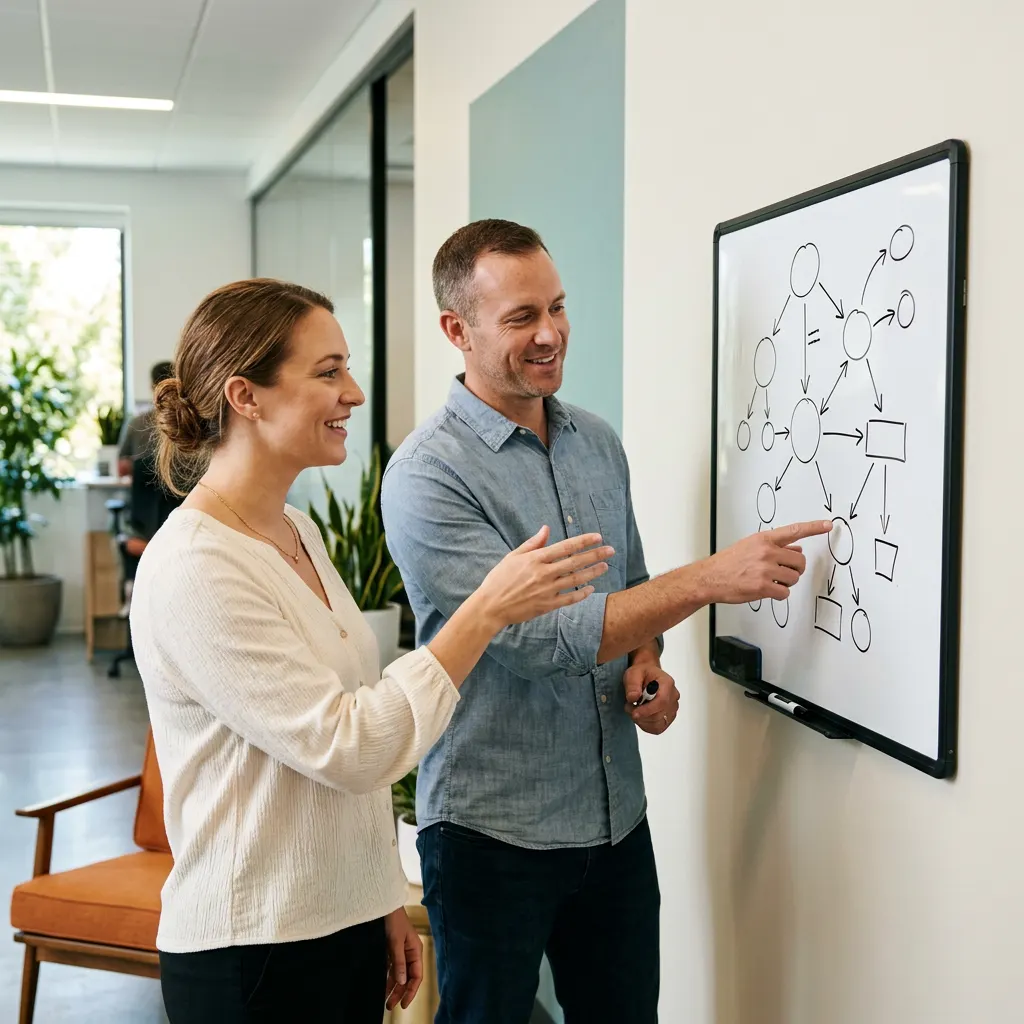 Two KORE1 recruiters walking through a healthcare IT candidate evaluation framework at a whiteboard