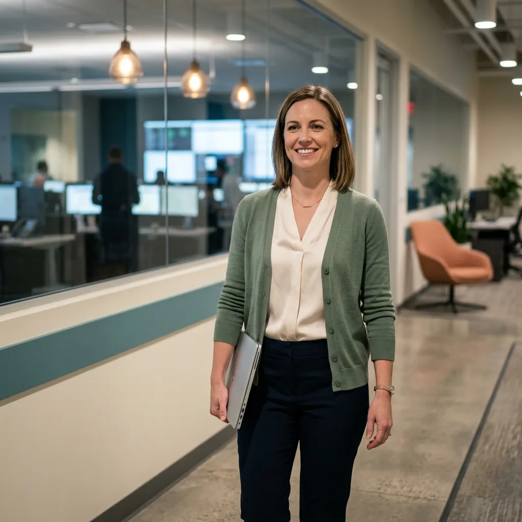 Healthcare IT analyst placed by KORE1 recruiters standing in a modern hospital command center
