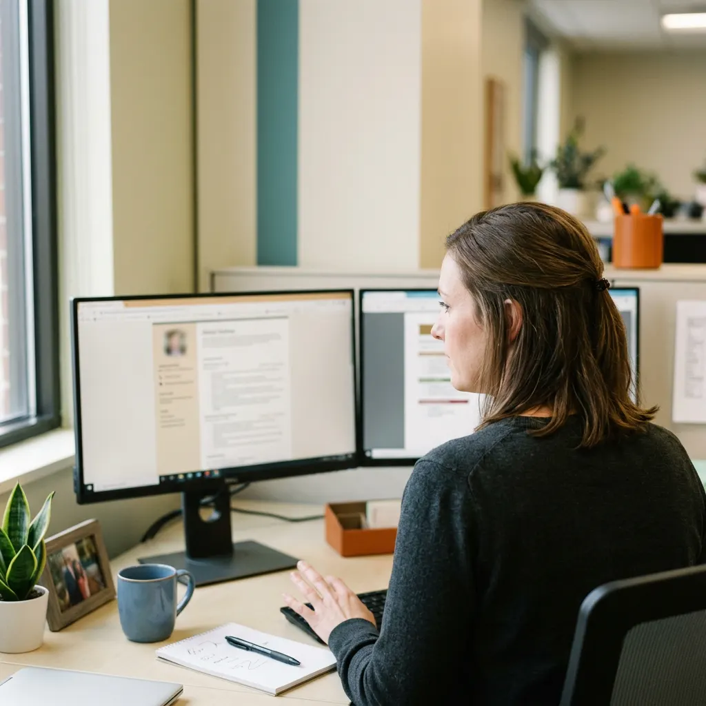 Healthcare IT recruiter at KORE1 reviewing Epic and Cerner candidate profiles on dual monitors