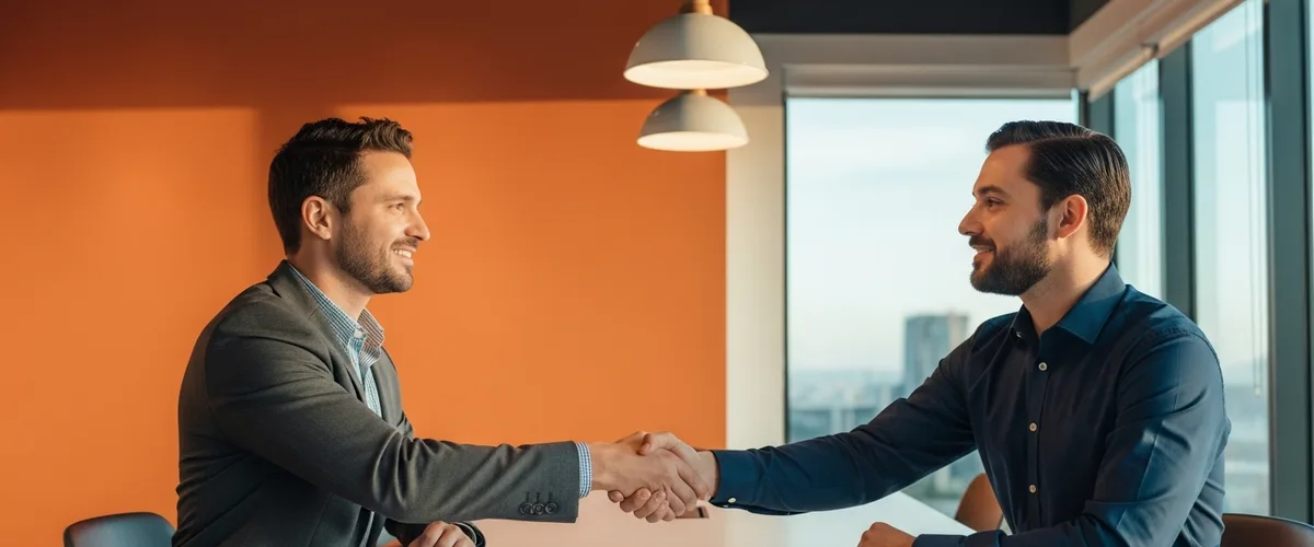 Hiring manager and senior AI engineer shaking hands across a conference table after a successful offer accept at a Bay Area technology company