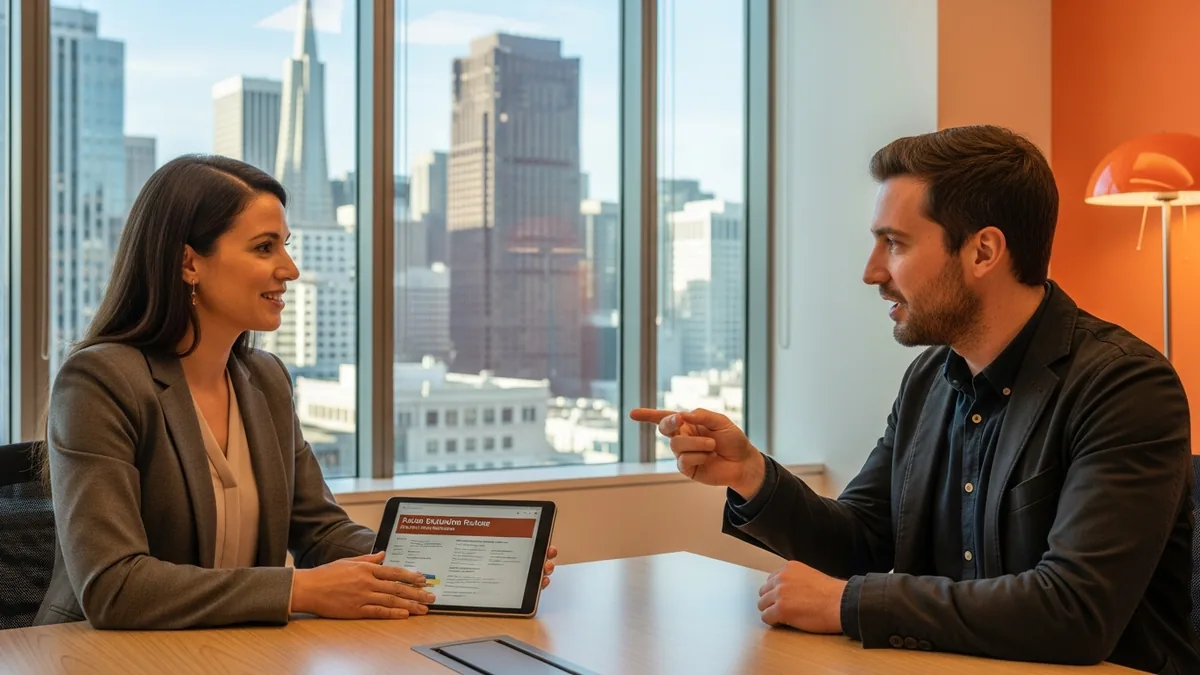 Female technology hiring manager interviewing a male AI engineer candidate at a clean modern conference table in a Bay Area technology company office