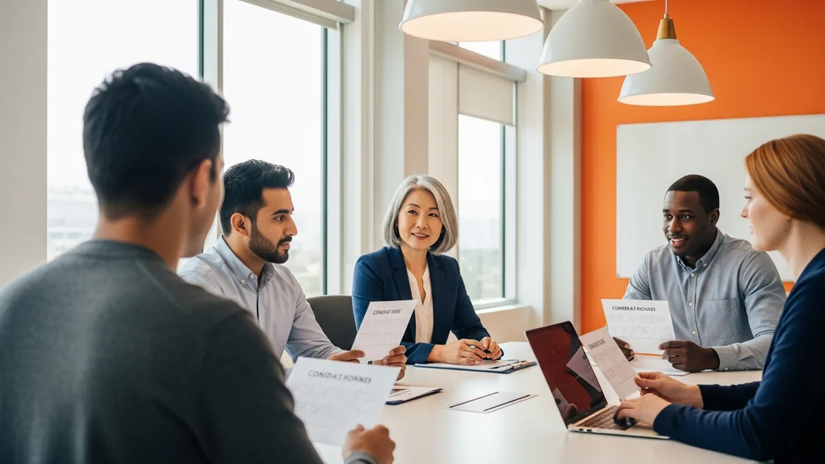 Diverse four-person AI hiring interview panel evaluating a senior AI engineer candidate in a modern Irvine California technology company conference room