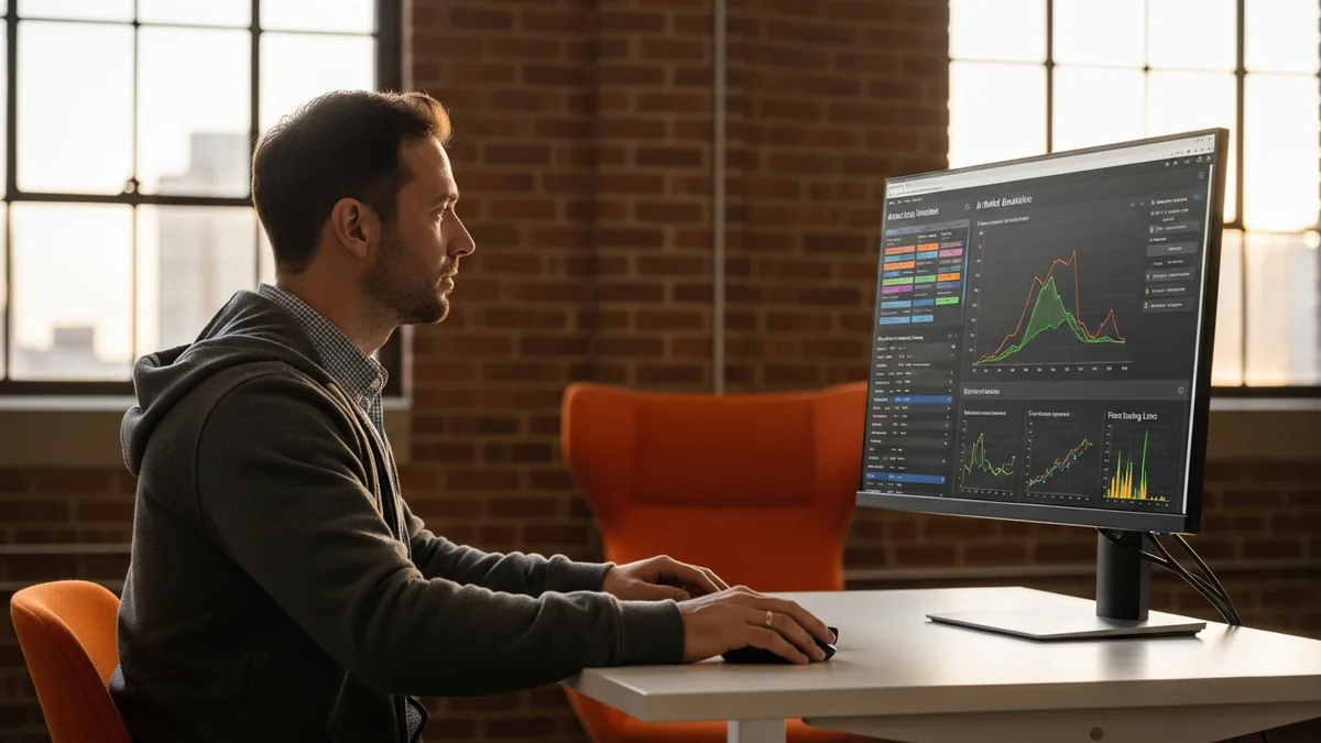 Senior male applied AI engineer reviewing a real-time AI model evaluation dashboard with confusion matrices and fine-tuning loss charts at a modern Seattle workspace