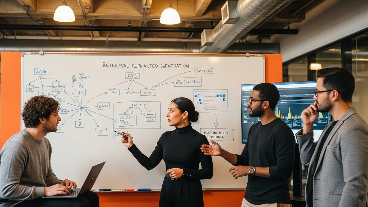 Four-person AI engineering team collaborating around a whiteboard covered in retrieval-augmented generation architecture diagrams at a San Francisco startup office