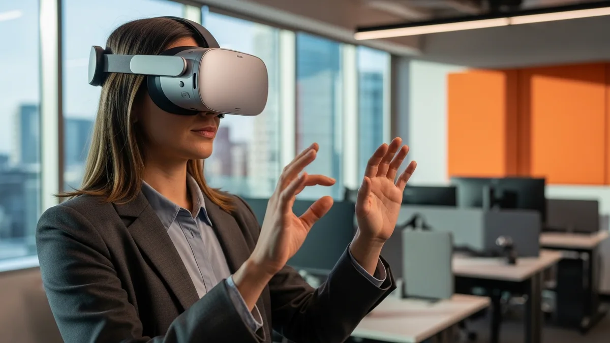 Senior female XR software engineer wearing a standalone mixed-reality headset and using a pinch hand-tracking gesture at chest height in a modern enterprise XR development lab