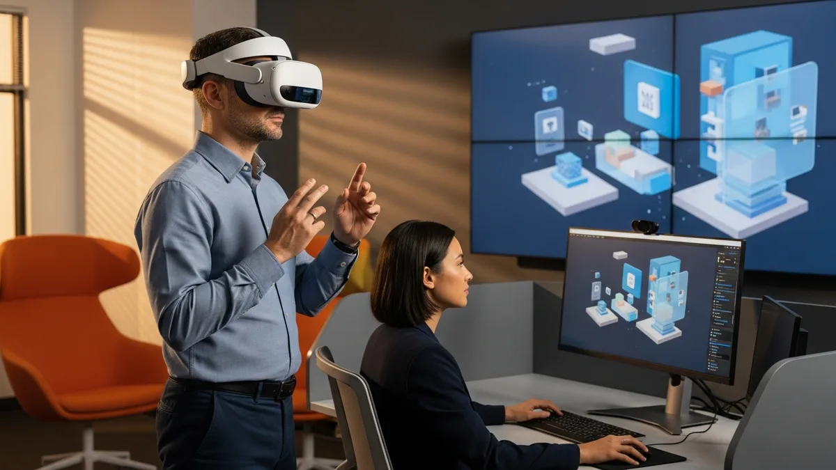 Two enterprise XR developers, one wearing a spatial computing headset and one at a workstation, reviewing a spatial user interface with floating windows and volumes on a wall display