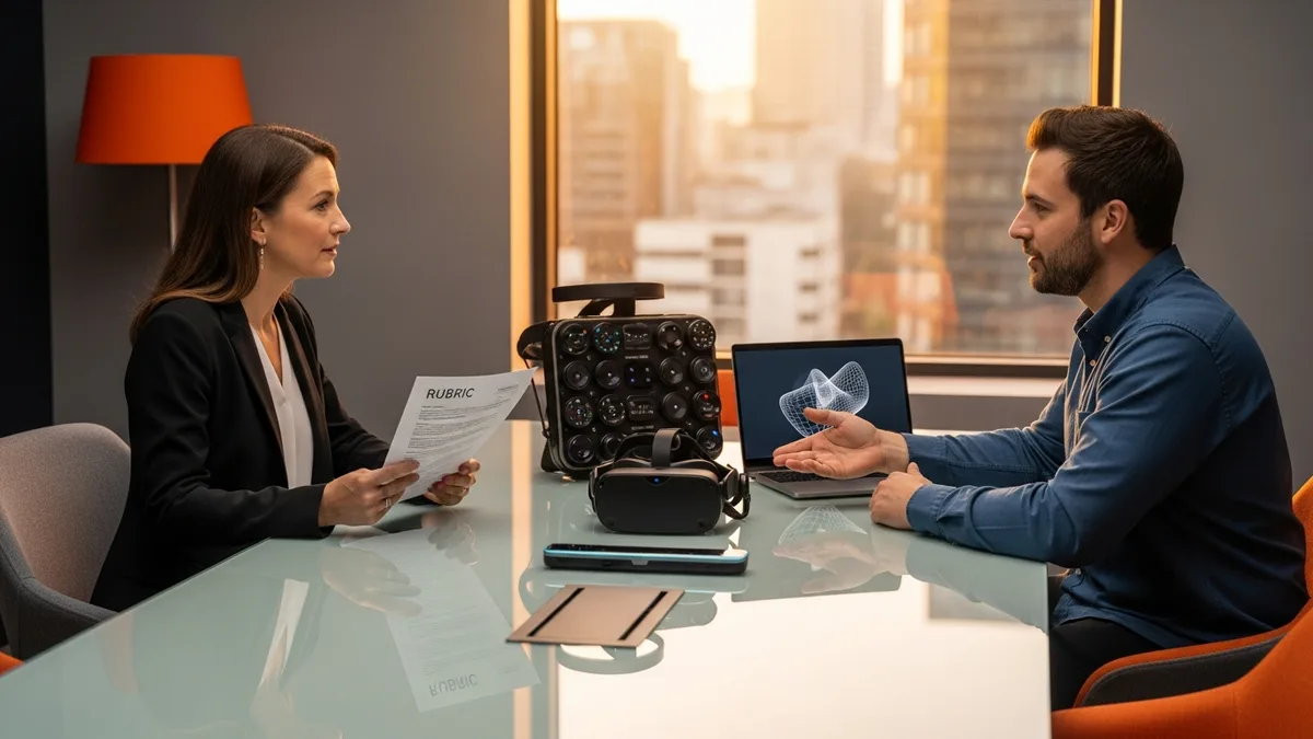 Senior XR engineering hiring manager and candidate in a modern conference room with a standalone mixed-reality headset and a spatial computing headset on the glass table between them during an interview