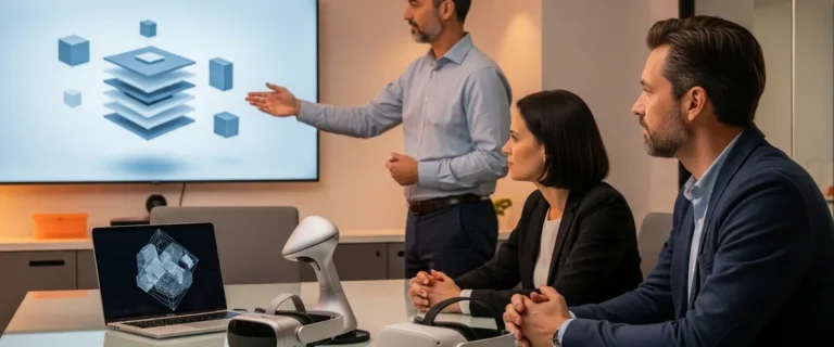 Three senior AR VR product engineers reviewing a spatial UI on a wall display with a mixed-reality headset and a spatial computing headset on a glass conference table in a modern enterprise XR lab