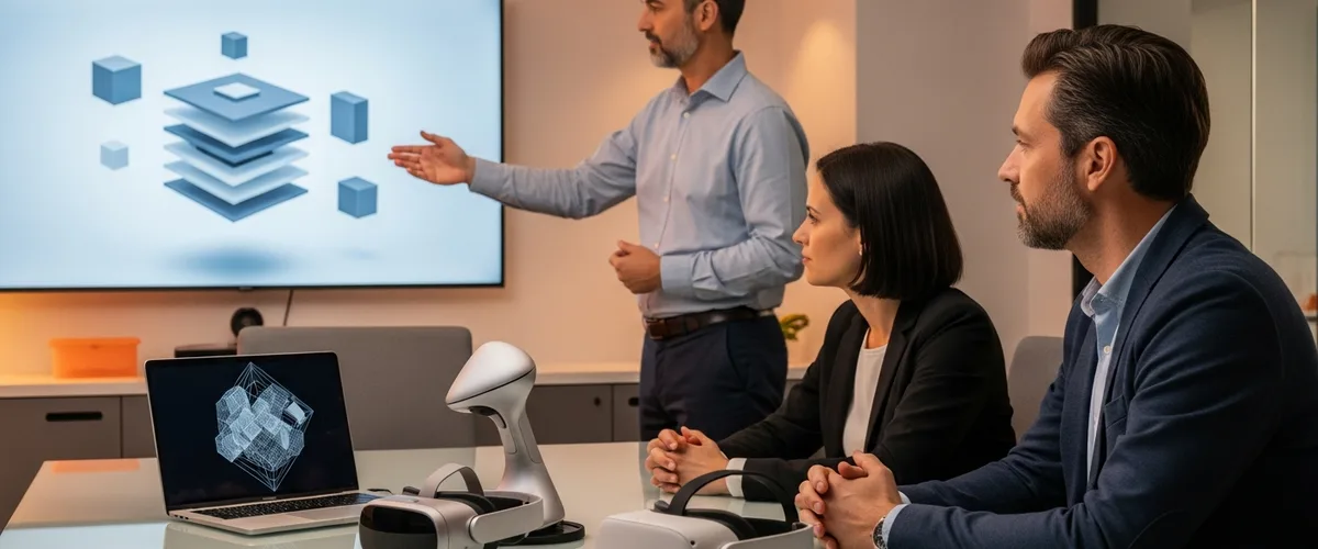 Three senior AR VR product engineers reviewing a spatial UI on a wall display with a mixed-reality headset and a spatial computing headset on a glass conference table in a modern enterprise XR lab