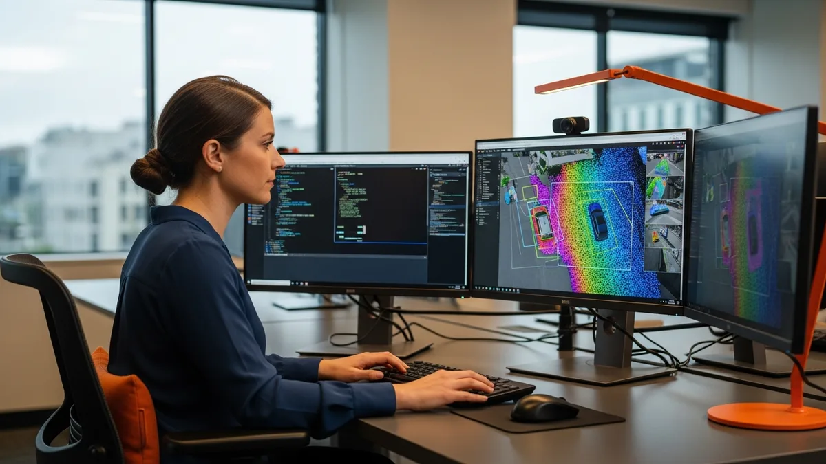 Senior female computer vision perception engineer studying real-time multi-camera BEV occupancy detection output from a Class 8 autonomous truck program on a multi-monitor workstation at a Bay Area autonomous vehicle research lab