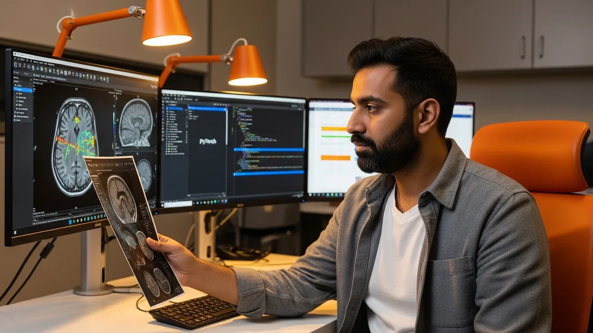 Senior medical imaging computer vision engineer reviewing a 3D segmented MRI brain scan in a DICOM viewer with PyTorch model evaluation metrics on a hospital AI research lab workstation