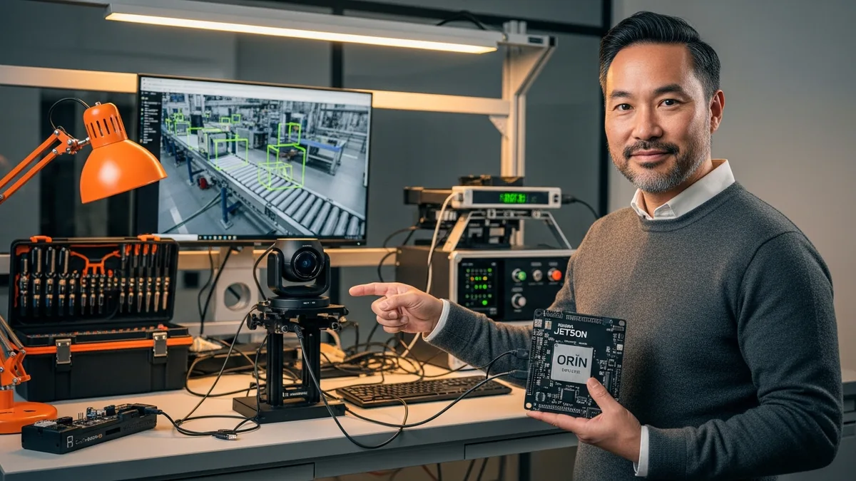 Edge computing computer vision engineer holding an NVIDIA Jetson Orin developer board next to an industrial smart camera with a real-time object detection feed running on a monitor behind him in a modern hardware lab