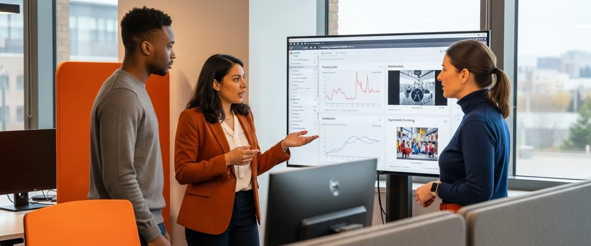 Diverse three-person computer vision engineering team reviewing a vision-language-action model training dashboard with loss curves and segmented training images in a modern AI research office