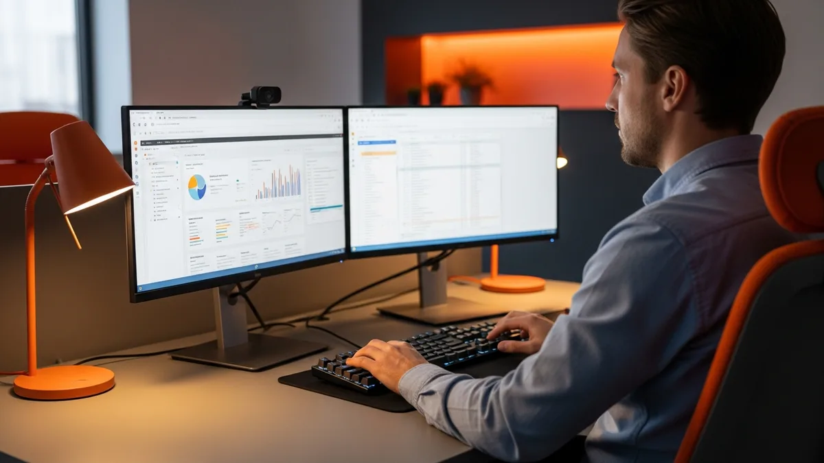 Senior data analyst working at a dual-monitor workstation with business intelligence dashboards and query editor open