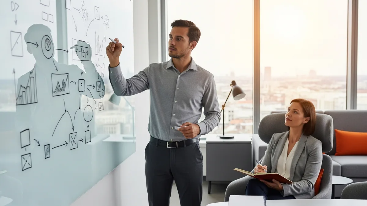Data analyst candidate sketching a structured analytical framework on a glass whiteboard during a case interview while the hiring manager listens