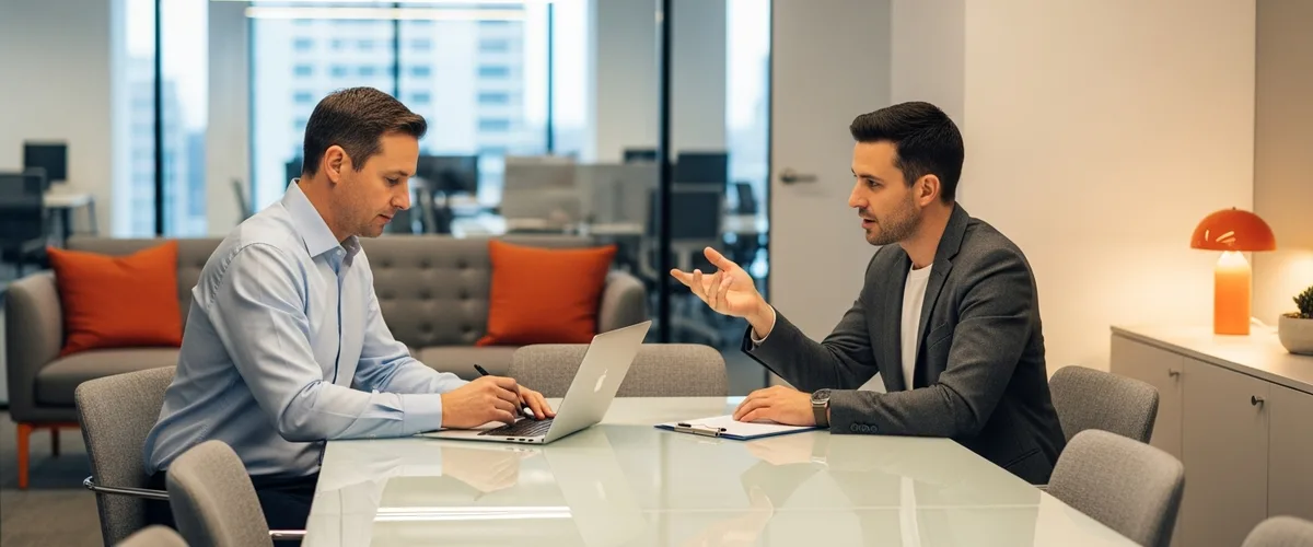 Hiring manager interviewing a data analyst candidate at a glass conference table in a modern corporate office with orange accent decor