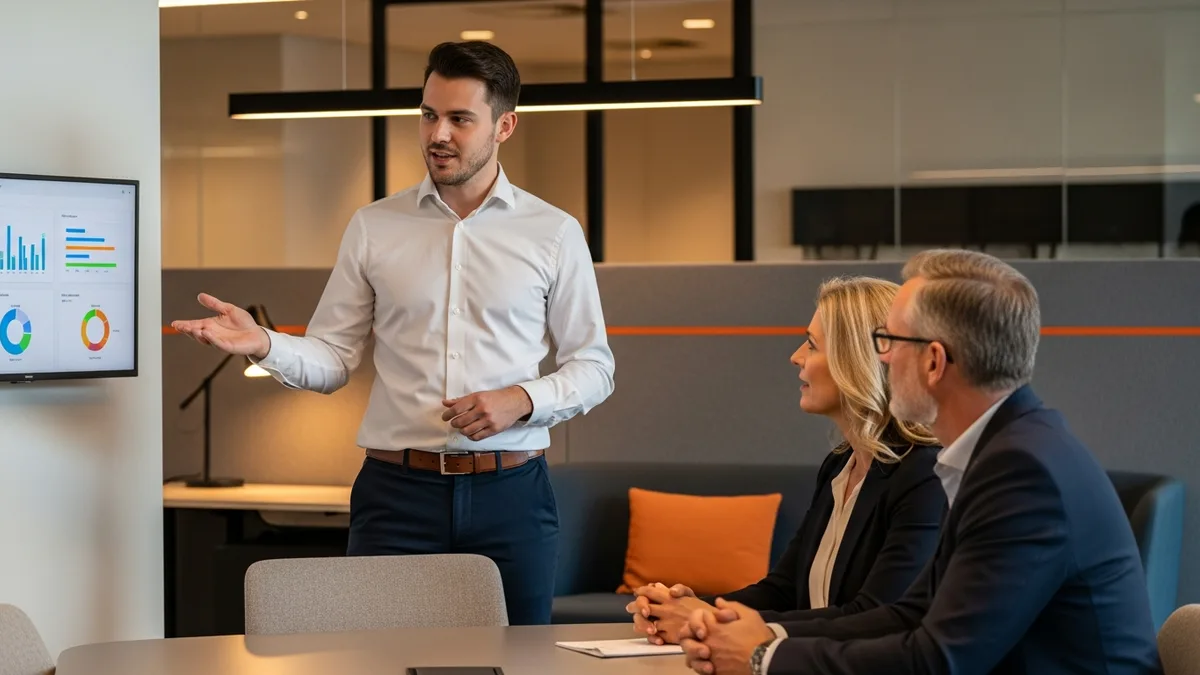 Data analyst presenting business intelligence dashboard findings to two seated stakeholders in a modern conference room with orange wall accents